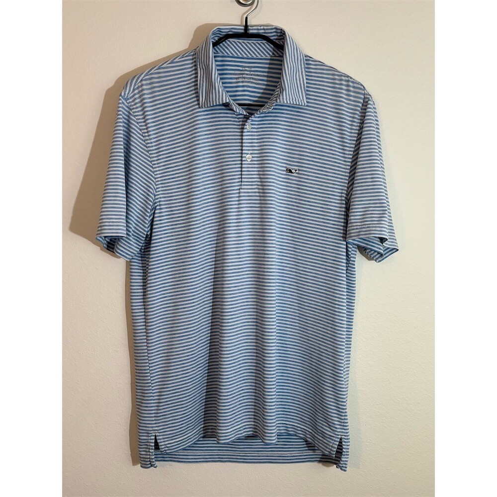 Vineyard Vines Performance Polo Shirt Mens L Blue & White Stripe Whale